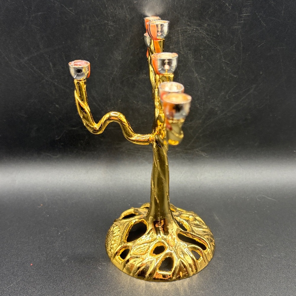 Tree of Life Jerusalem Gold & Silver Tn Metal Candelabra Menorah Candle Holder - Picture 8 of 14